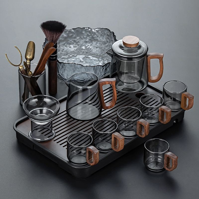 Heat-resistant Borosilicate Grey Glass Tea Set With Antique Wooden Handle Heat-resistant Borosilicate Grey Glass Tea Set With Antique Wooden Handle