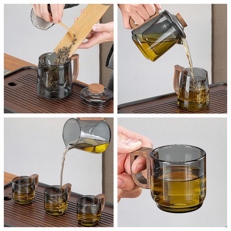 Heat-resistant Borosilicate Grey Glass Tea Set With Antique Wooden Handle Heat-resistant Borosilicate Grey Glass Tea Set With Antique Wooden Handle
