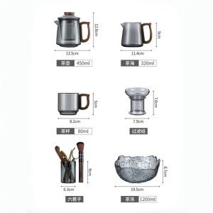 Heat-resistant Borosilicate Grey Glass Tea Set With Antique Wooden Handle