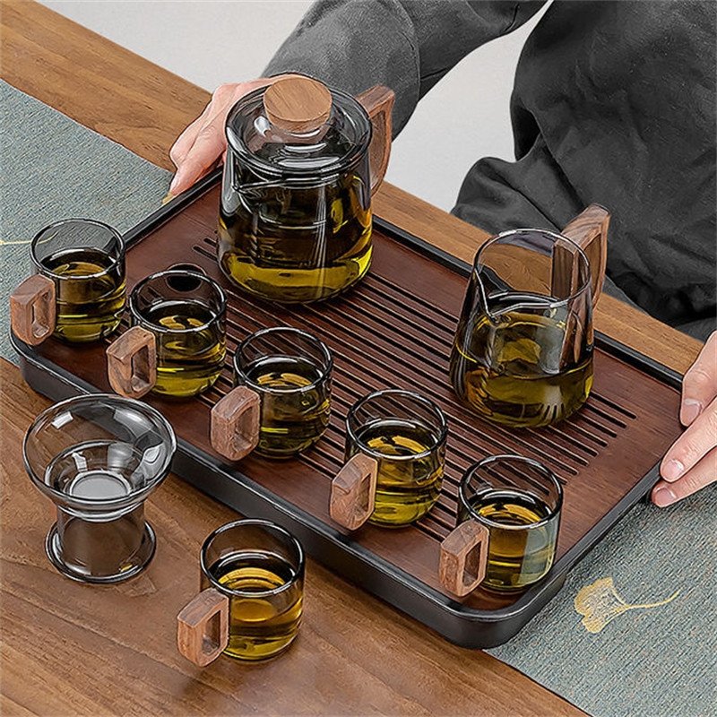 Heat-resistant Borosilicate Grey Glass Tea Set With Antique Wooden Handle Heat-resistant Borosilicate Grey Glass Tea Set With Antique Wooden Handle