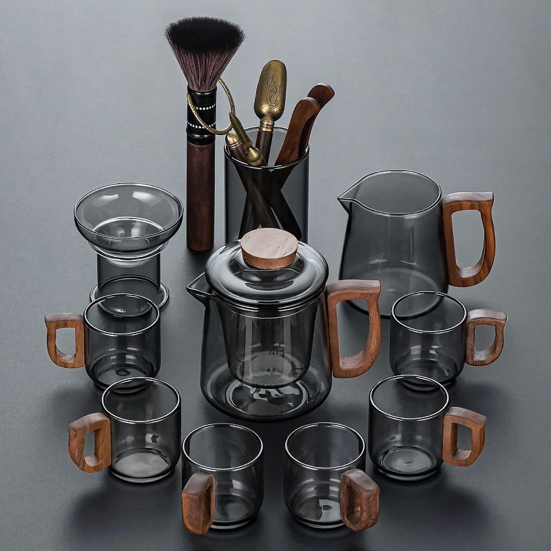 Heat-resistant Borosilicate Grey Glass Tea Set With Antique Wooden Handle Heat-resistant Borosilicate Grey Glass Tea Set With Antique Wooden Handle
