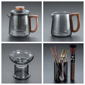 Heat-resistant Borosilicate Grey Glass Tea Set With Antique Wooden Handle