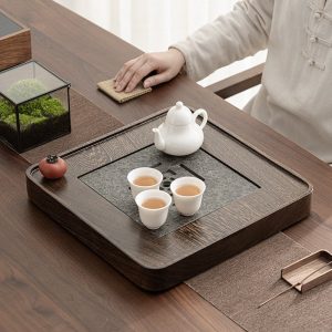 Chinese Wood And Wujin Stone Gongfu Tea Cup Set Serving Tray