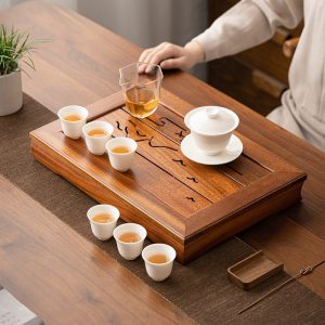 Solid Wooden Gongfu Tea Serving Tray With Inner Drawer