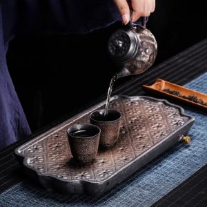 Japanese Style Iron Glaze Daisy Theme Gongfu Tea Serving Tray