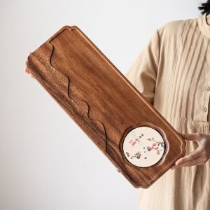 Carved Walnut Wooden Material Water Absorbent Gongfu Tea Serving Tray With Water Drains System