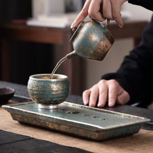 Gold And Silver Colored Water Storage Drains Gongfu Tea Tray With Evergreen Glaze