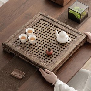 Woven Bamboo Style Wood Waven Gongfu Tea Tray Board With Water Storage Tray