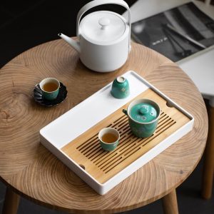 Antique Two Tired Chinese Style Bamboo Gongfu Tea Ceremony Serving Tray With Water Storage Box