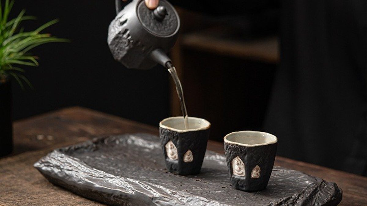 Antique Ceramic Japanese Style Wabi-Sabi Kung Fu Tea Cup Serving Tray