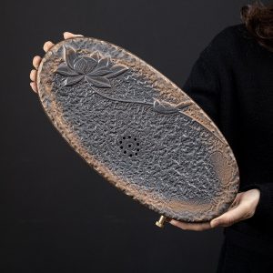Crude Pottery Japanese Style Tray For Serving Gongfu Tea Box With Water Drains