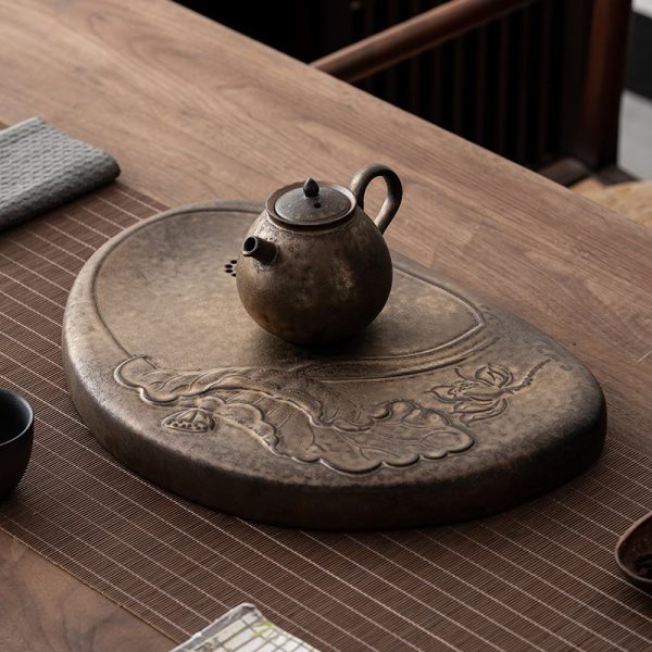 Ceramic Stone Rhyme Lotus Leaf Serving Tray For Tea Set With Water Drains