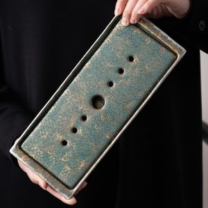 Gold And Silver Colored Water Storage Drains Gongfu Tea Tray With Evergreen Glaze