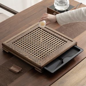 Woven Bamboo Style Wood Waven Gongfu Tea Tray Board With Water Storage Tray