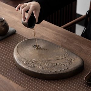 Ceramic Stone Rhyme Lotus Leaf Serving Tray For Tea Set With Water Drains