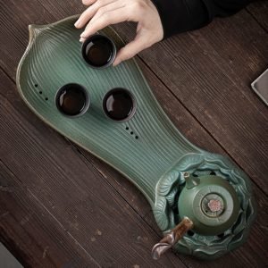 Japanese Style Lotus Heart Wooden Tray For Serving Tea With Teapot Holder