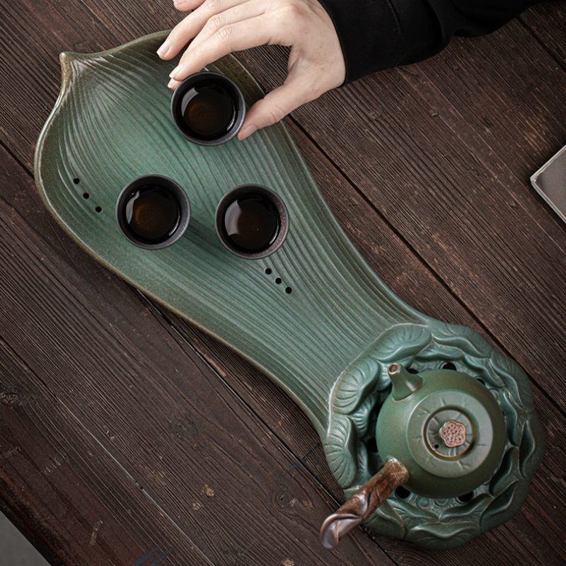 Japanese Style Lotus Heart Wooden Tray For Serving Tea With Teapot Holder Japanese Style Lotus Heart Wooden Tray For Serving Tea With Teapot Holder