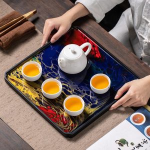 Japanese Style Black Stone Painting Theme Tea Serving Tray