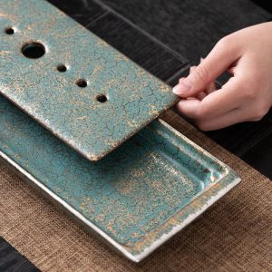 Gold And Silver Colored Water Storage Drains Gongfu Tea Tray With Evergreen Glaze