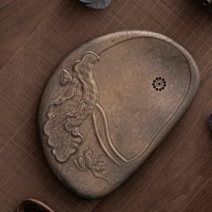 Ceramic Stone Rhyme Lotus Leaf Serving Tray For Tea Set With Water Drains