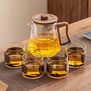 Modern Grey And Transparent Clear Glass Tea Sets With Wooden Handle And Lid For Adults