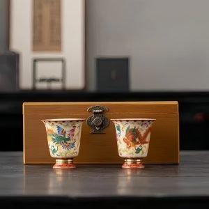 Enamel Color Technique Gilded Dragon And Phoenix Pattern Porcelain Tea Cups Set