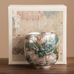 Traditional Porcelain Silver Gilding Year Of The Dragon Tea Cups With Green Dragon Through The Clouds Pattern