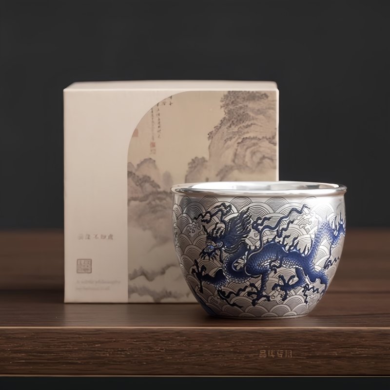 Handmade Vintage Silver Gilding Blue And White Porcelain Dragon Pattern Gongfu Tea Cup Year Of The Dragon Handmade Vintage Silver Gilding Blue And White Porcelain Dragon Pattern Gongfu Tea Cup Year Of The Dragon