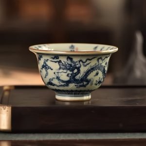 Vintage Chinese Blue And White Porcelain Dragon Pattern Hand-pressed Tea Cup Inner Painted Poetry