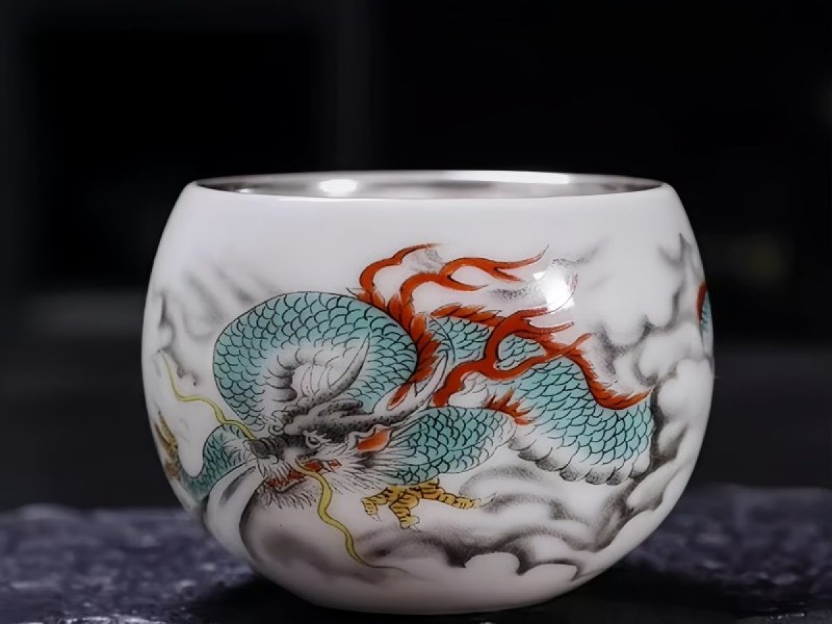 Chinese Vintage White Jade Porcelain Gilded In Silver Year Of The