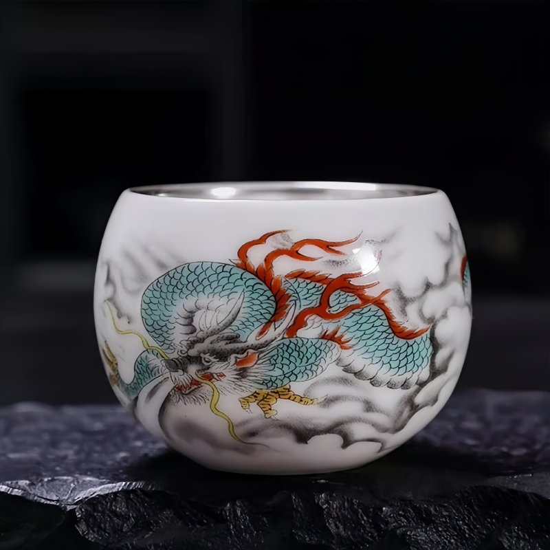 Chinese Vintage White Jade Porcelain Gilded In Silver Year Of The Dragon Large Kungfu Tea Cup Chinese Vintage White Jade Porcelain Gilded In Silver Year Of The Dragon Large Kungfu Tea Cup