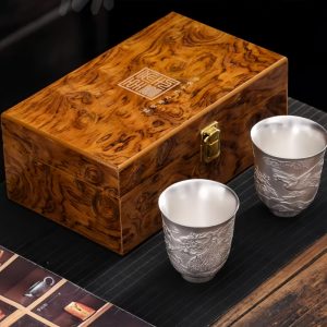 Antique Chinese Gilded In Silver Dragon Tea Cup Set With Relief Auspicious Dragon Figurines