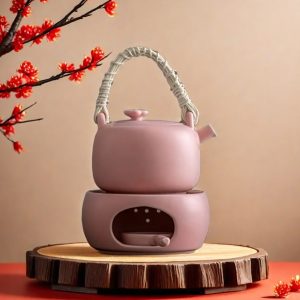 10.1 Fl Oz Pink Ceramic Hemp Rope Handle Heated Teapot And Candle Warmer