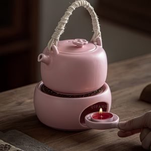 10.1 Fl Oz Pink Ceramic Hemp Rope Handle Heated Teapot And Candle Warmer