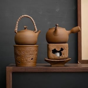 15.2 Fl Oz Antique Handmade Old Pottery Heated Teapots With Candle Warmers Set