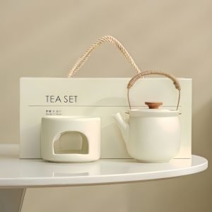 15.2 Fl Oz White Simple Elegant Ceramic Tea Pot With Wax Candle Warmer Set