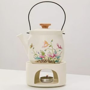 16.2 Fl Oz Hand Painted Flower And Butterfly Theme White Ceramic Teapot With Candle Warmer Set