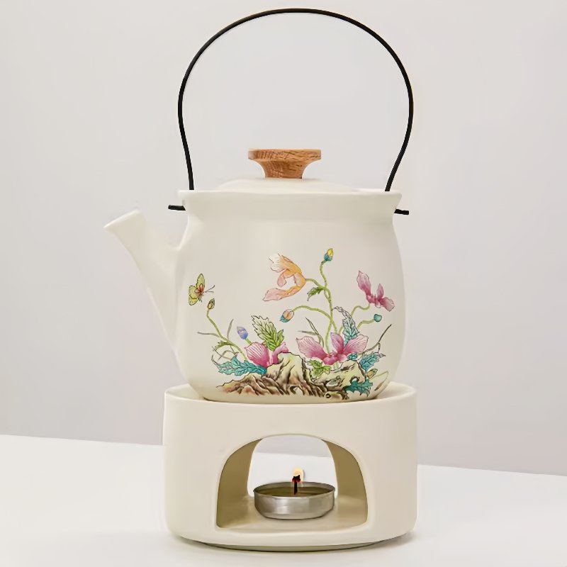 16.2 Fl Oz Hand Painted Flower And Butterfly Theme White Ceramic Teapot With Candle Warmer Set 16.2 Fl Oz Hand Painted Flower And Butterfly Theme White Ceramic Teapot With Candle Warmer Set