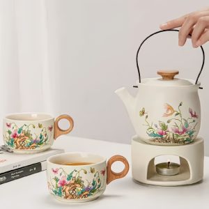 16.2 Fl Oz Hand Painted Flower And Butterfly Theme White Ceramic Teapot With Candle Warmer Set