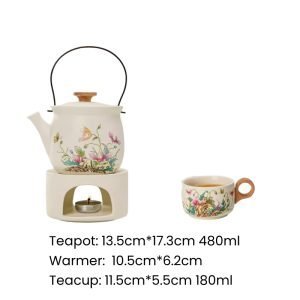 16.2 Fl Oz Hand Painted Flower And Butterfly Theme White Ceramic Teapot With Candle Warmer Set