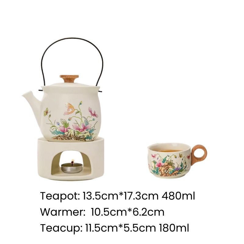 16.2 Fl Oz Hand Painted Flower And Butterfly Theme White Ceramic Teapot With Candle Warmer Set 16.2 Fl Oz Hand Painted Flower And Butterfly Theme White Ceramic Teapot With Candle Warmer Set