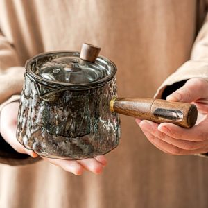 17.9 Fl Oz Transparent And Grey Side Wooden Handle Glass Teapots With Loose Leaf Glass Infusers