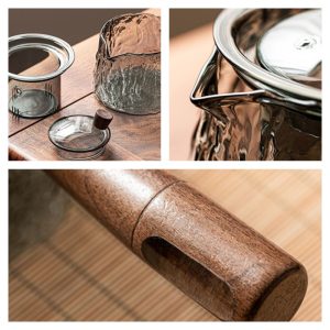 17.9 Fl Oz Transparent And Grey Side Wooden Handle Glass Teapots With Loose Leaf Glass Infusers