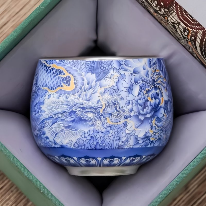 Vintage Chinese Blue And White With Silver Gilding Ceramic Blue Dragon Ten Thousand Flowers Pattern Tea Cup Vintage Chinese Blue And White With Silver Gilding Ceramic Blue Dragon Ten Thousand Flowers Pattern Tea Cup
