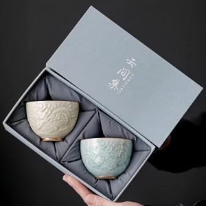 Cyan And Beige Chinese Ceramic Ice Crackle Glaze Relief Dragon Gongfu Master Tea Cup Set