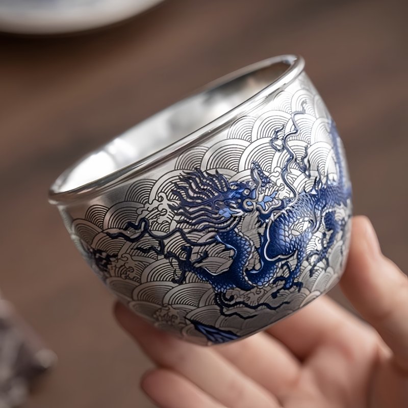 Handmade Vintage Silver Gilding Blue And White Porcelain Dragon Pattern Gongfu Tea Cup Year Of The Dragon Handmade Vintage Silver Gilding Blue And White Porcelain Dragon Pattern Gongfu Tea Cup Year Of The Dragon