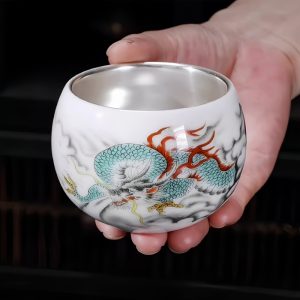 Chinese Vintage White Jade Porcelain Gilded In Silver Year Of The Dragon Large Kungfu Tea Cup
