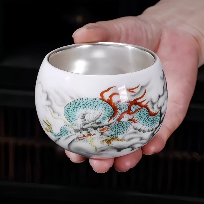 Chinese Vintage White Jade Porcelain Gilded In Silver Year Of The Dragon Large Kungfu Tea Cup Chinese Vintage White Jade Porcelain Gilded In Silver Year Of The Dragon Large Kungfu Tea Cup