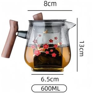 20.3 Fl Oz Best Plum Pattern Antique Grey Glass Tea Kettle With Wooden Handle And Glass Infuser