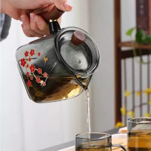 20.3 Fl Oz Best Plum Pattern Antique Grey Glass Tea Kettle With Wooden Handle And Glass Infuser